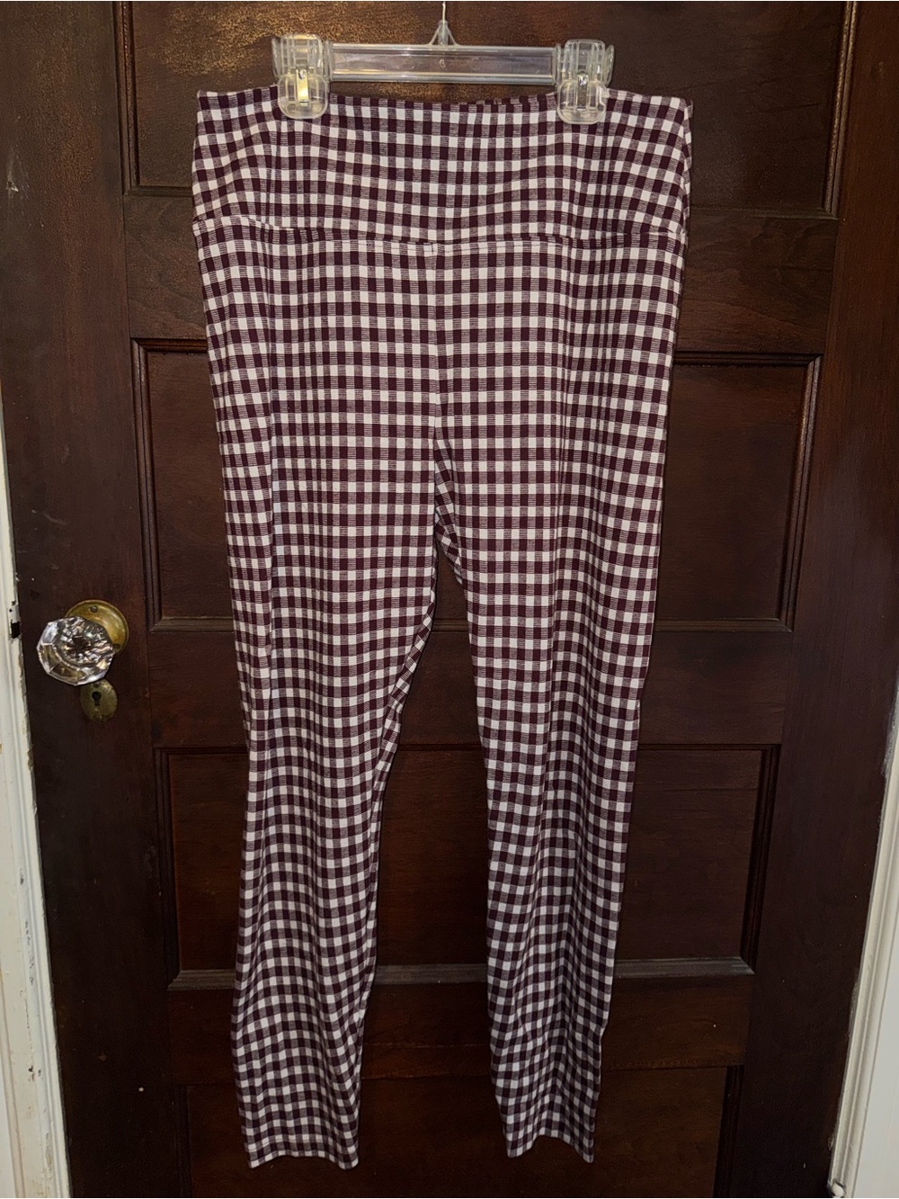Lou & Grey High-Rise Gingham Stretch Pants Leggings Burgundy Red Check